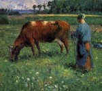 Girl Tending a Cow in a Pasture