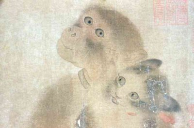 detailed view of monkey and cat in Yi Yuanji painting